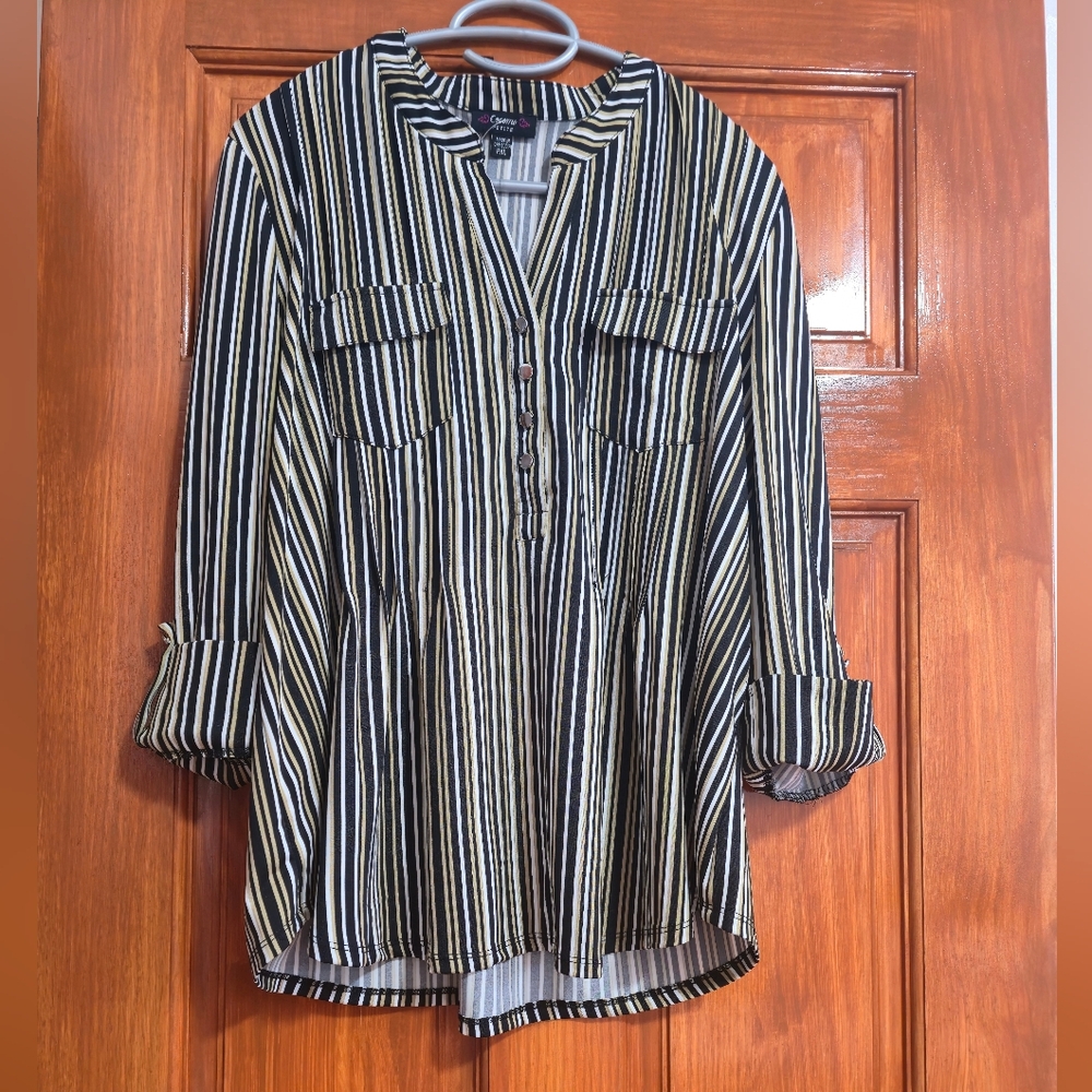 COCOMO Stripe 3/4 sleeve Pintuck Blouse top Petite XL